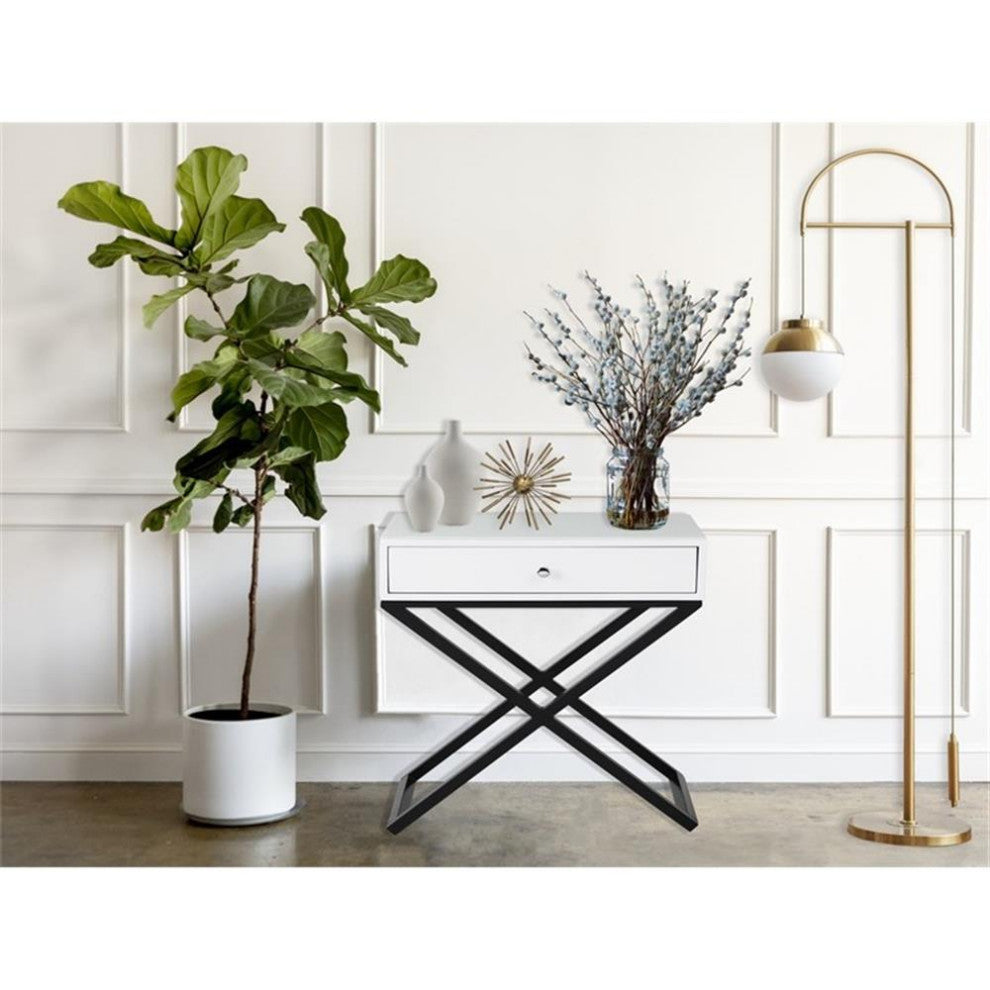 Koda White Wooden End Side Table Nightstand w/ Glass Top Drawer & Metal Base