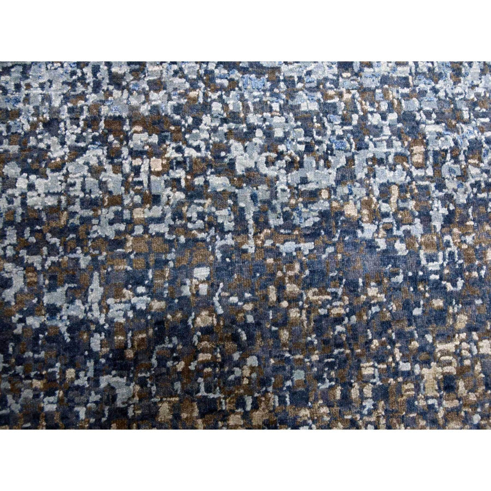 Denim Blue, Pure Silk and Wool, Modern Hand Knotted Oversized Rug, 12'0"x15'0"