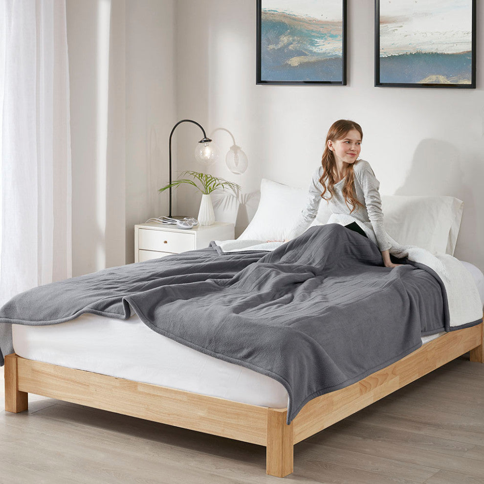 Serta Fleece to Sherpa Heated Fleece and Sherpa Bedding Blanket, Dark Grey