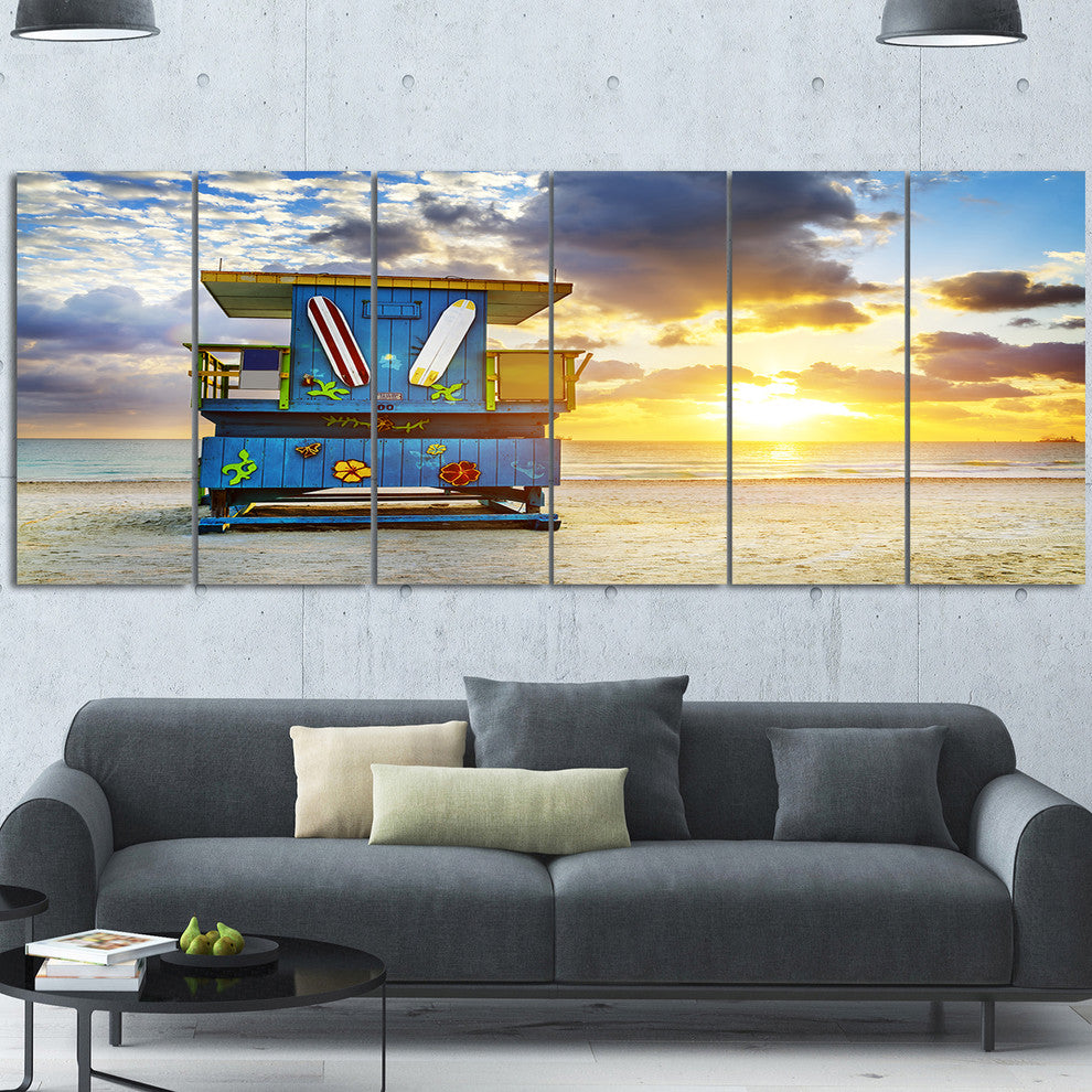 Miami South Beach Sunrise, Large Seashore Canvas Wall Art, 70"x28", 6 Panels