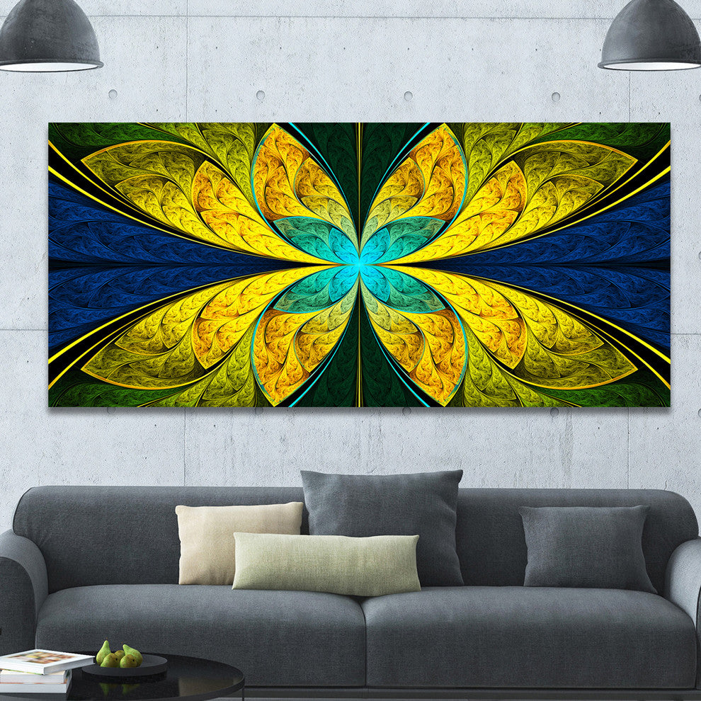Bright Yellow Blue Fractal Flower, Large Floral Canvas Art Print, 60"x28"