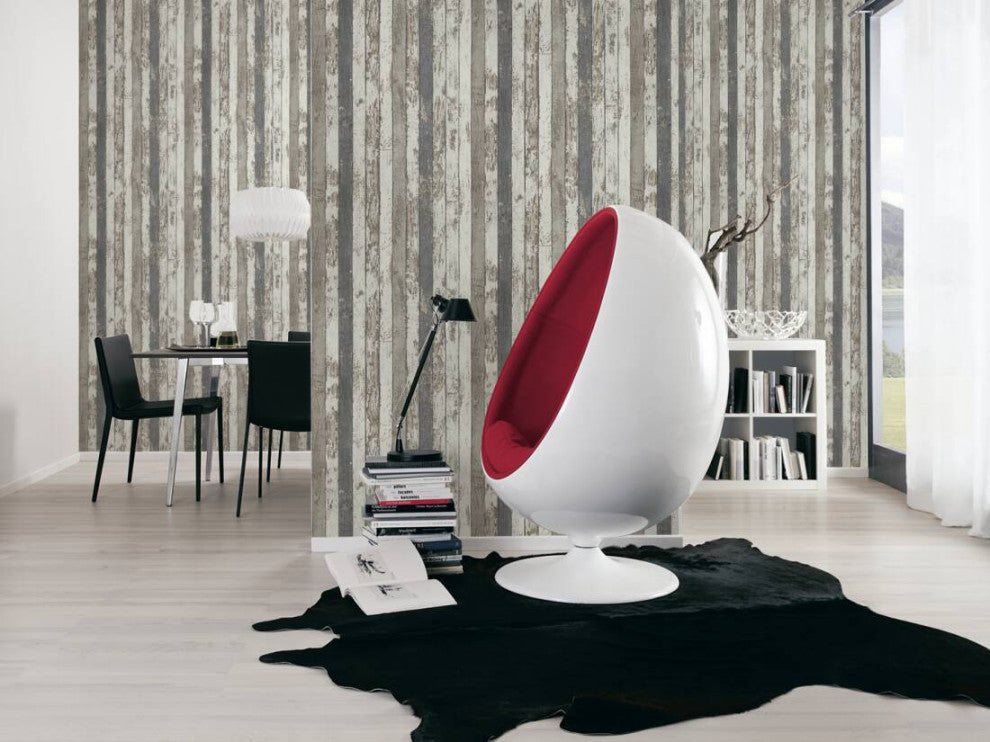 Faux Textured Wallpaper Wooden Stripes, Cream Gray Brown, One Roll
