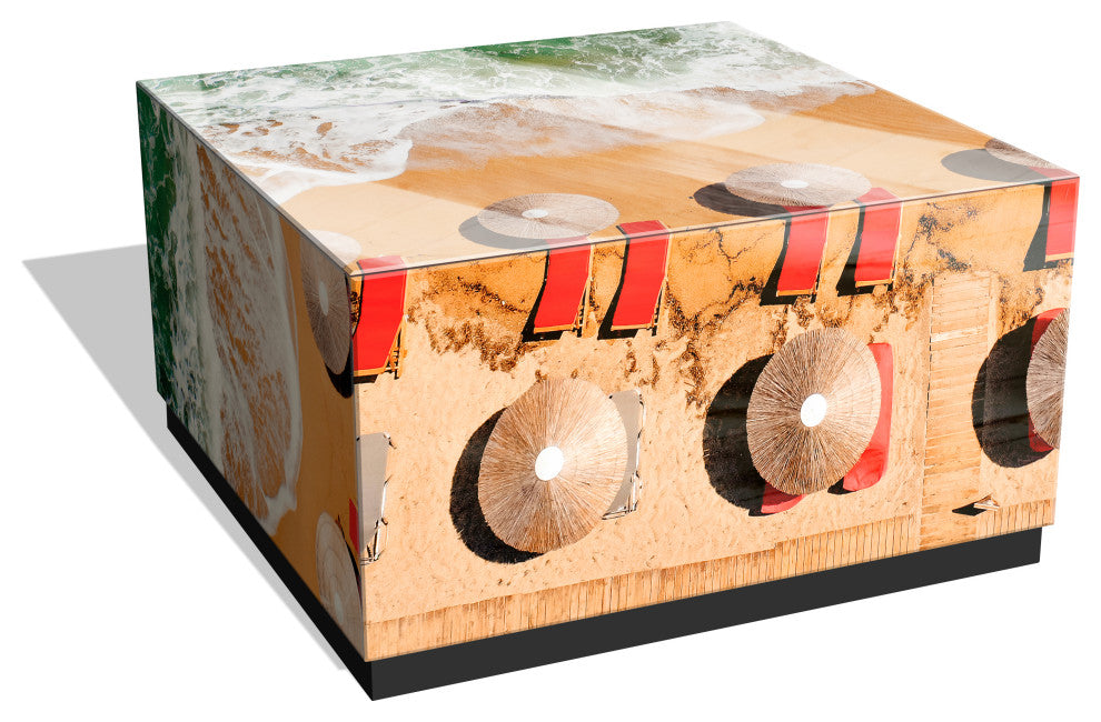 "Beach Bliss I" Reverse Printed Art Glass Cocktail Table with Black Plinth Base
