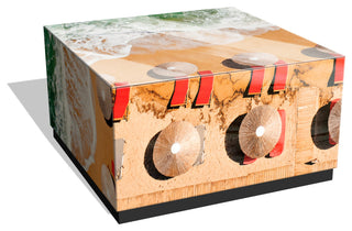 "Beach Bliss I" Reverse Printed Art Glass Cocktail Table with Black Plinth Base