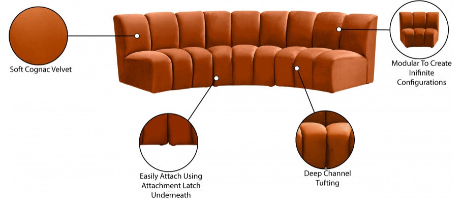 Infinity Channel Tufted Velvet Modular Chair, Cognac, 3 Piece