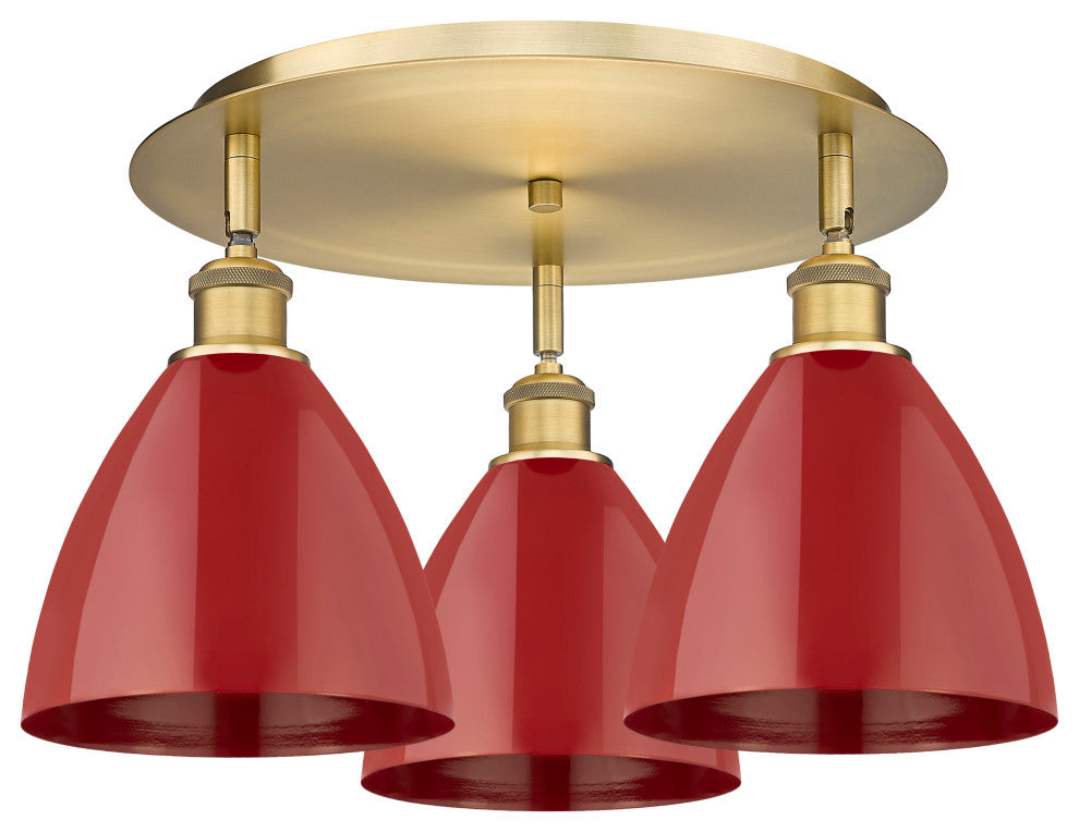 Ballston Dome-3 Light 19" Flush Mount-Brushed Brass, Red Shade