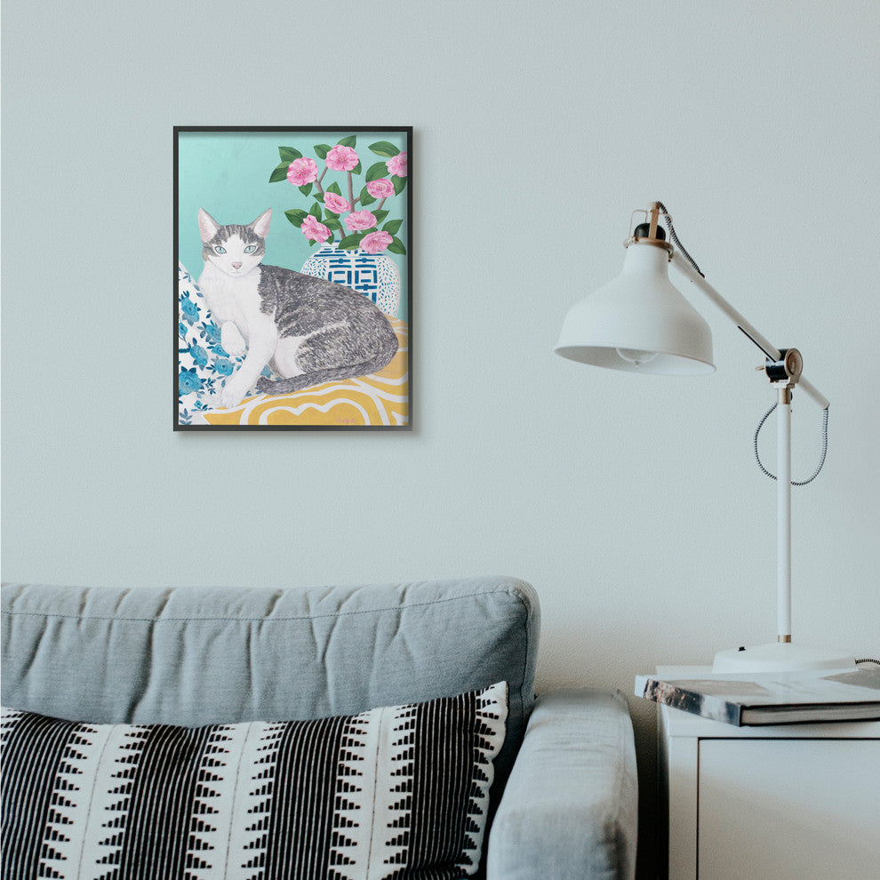 Cat With Cushion And Vase Pastel Animal Painting, 16"x20"