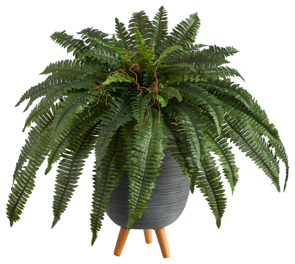 2.5' Boston Fern Artificial Plant, Gray Planter With Stand