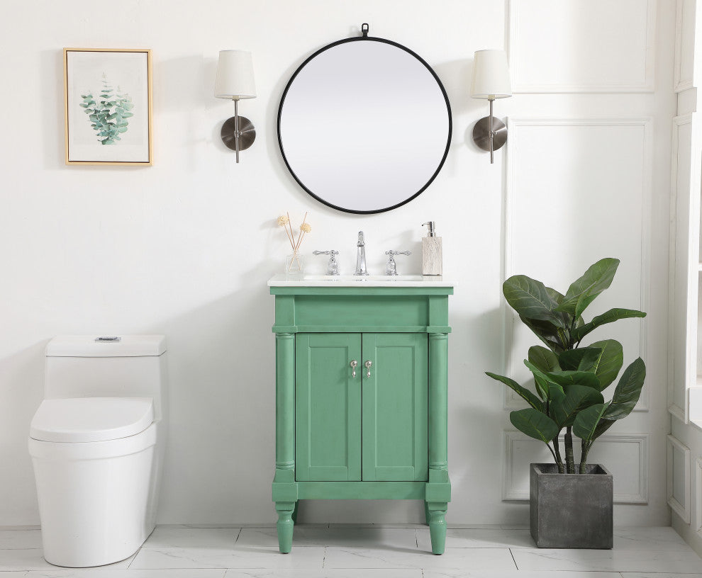 24" Single Bathroom Vanity, Vintage Mint With Ivory White Engineered Marble
