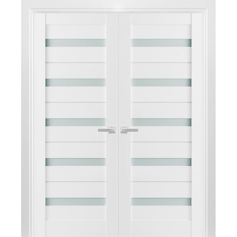 Interior French Double Doors Frosted Glass|Quadro 4445 White Silk -48x80