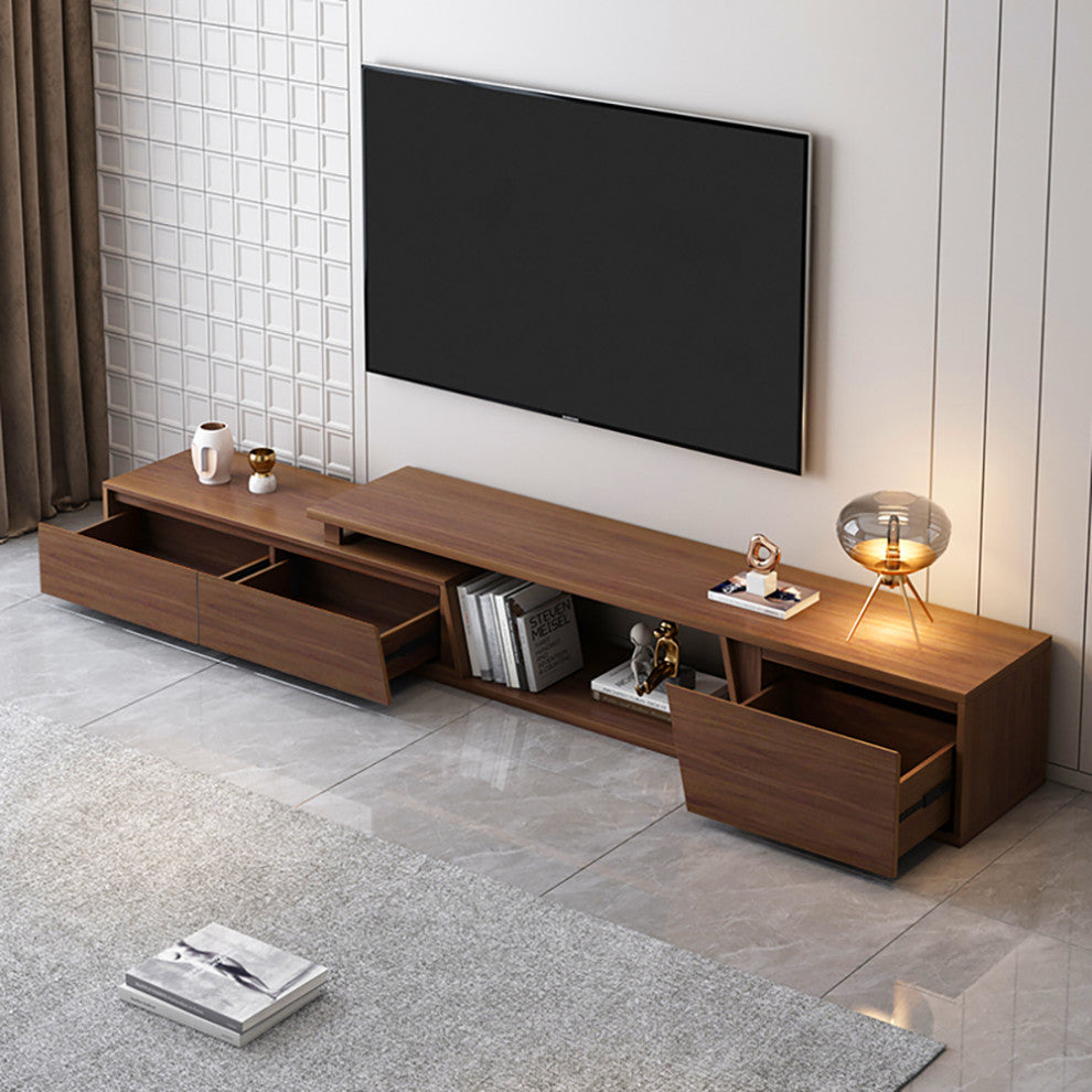 Fero Minimalist Walnut Rectangle Extendable TV Stand With 3 Drawers Up to 120", Walnut