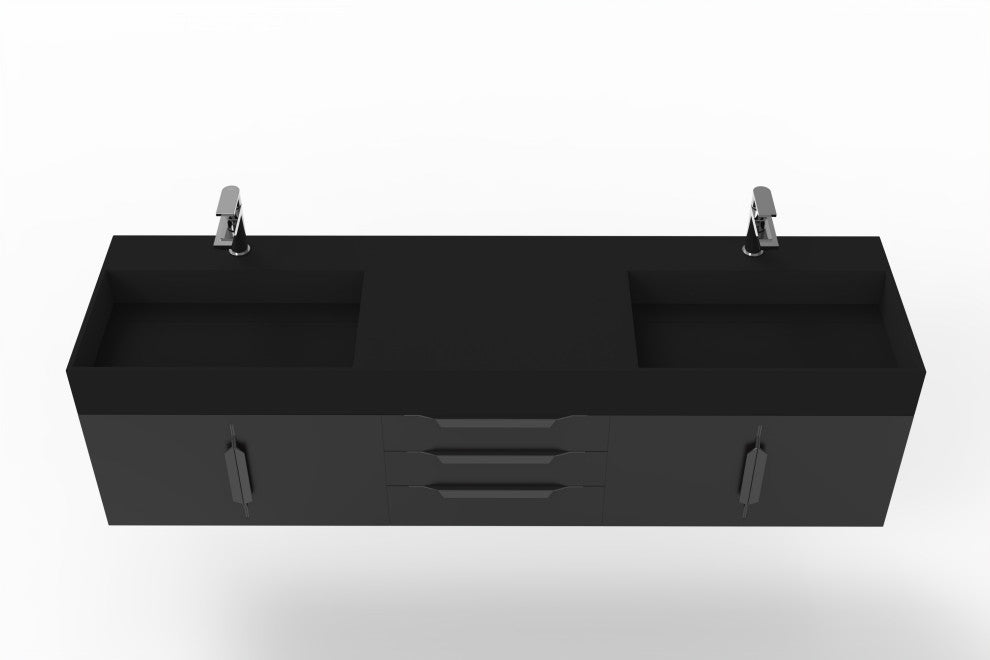CastelloUSA Amazon 72" Wall Mounted Vanity Set, Black, Black Top, Black Handles