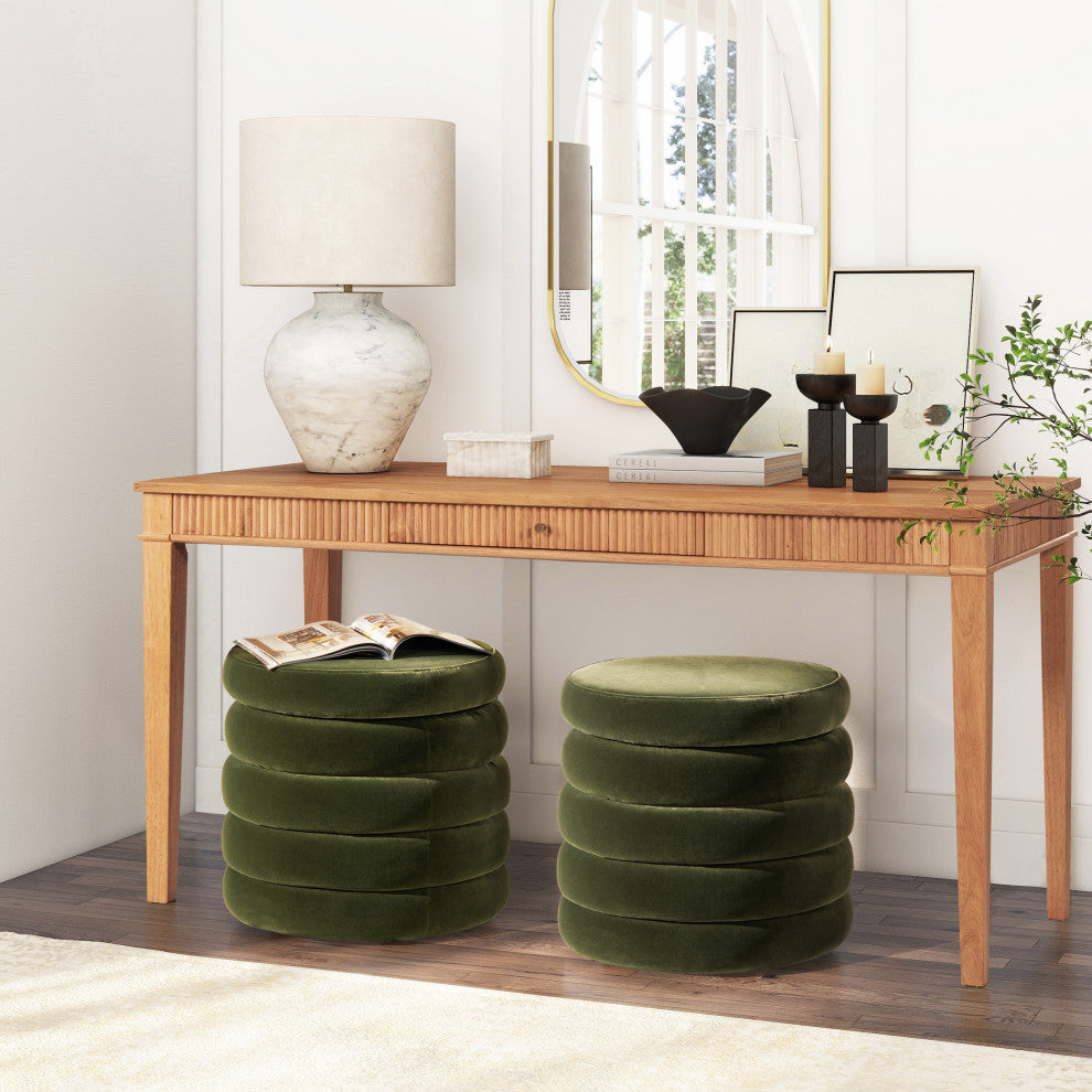 Fuji 19" Oversized Horizontal Tufted Round Storage Ottoman, Olive Green Performance Velvet