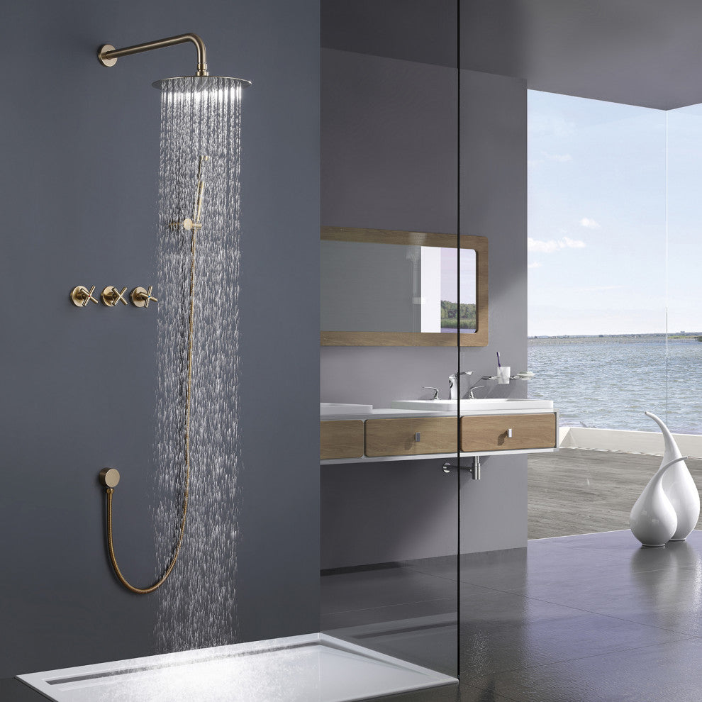 Luxury Wall Mounted Complete Shower System with Rough-in Valve, Brushed Gold