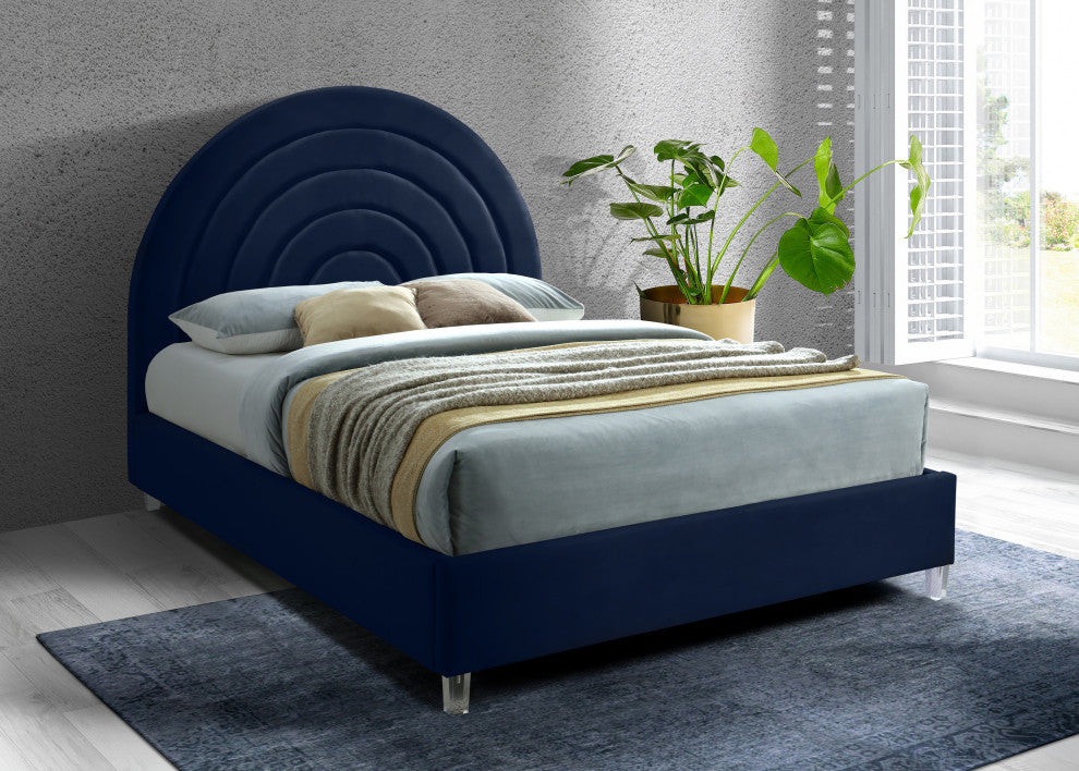 Rainbow Velvet Upholstered Bed, Navy, King