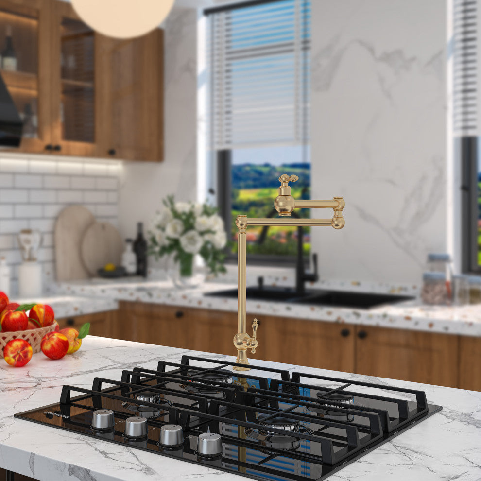 Deck-Mounted Double Handle Pot Filler Kitchen Faucet Stove Faucet, Brushed Gold