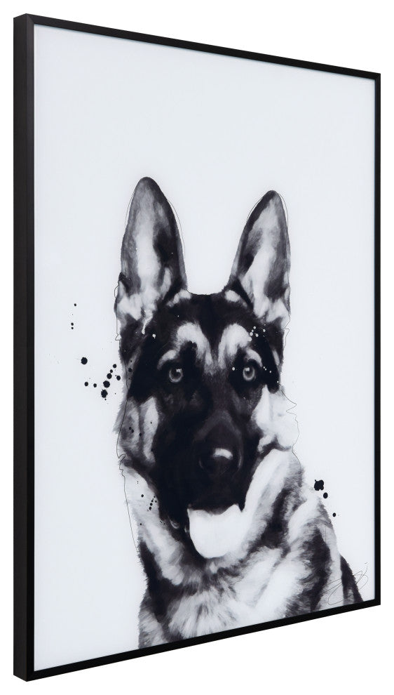 "German Shepherd" Black and White Pet Art on Printed Glass with Anodized Frame