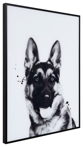 "German Shepherd" Black and White Pet Art on Printed Glass with Anodized Frame