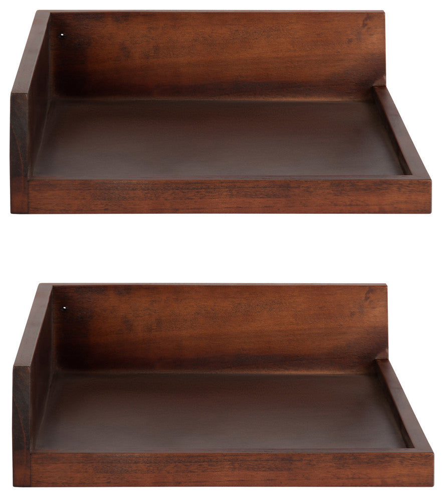 Levie Floating Corner Wood Wall Shelf Set, Walnut Brown