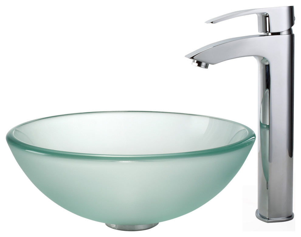 Frosted 14" Glass Vessel Bathroom Sink, PU Drain, Mounting Ring, Nickel