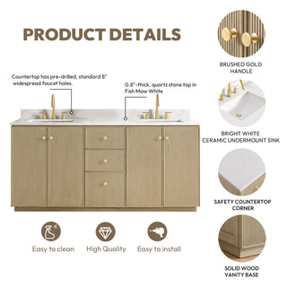 Oza Bath Vanity with Quartz Stone Top, Aged Natural Oak, 72", Double Vanity, No Mirror