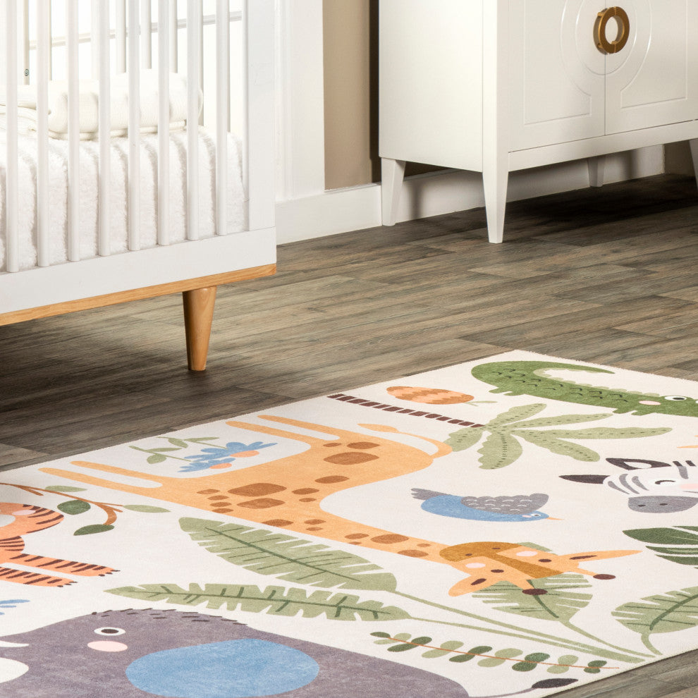 Nuloom Felipa Safari Washable Kids Area Rug, White Multicolor 7'x9'