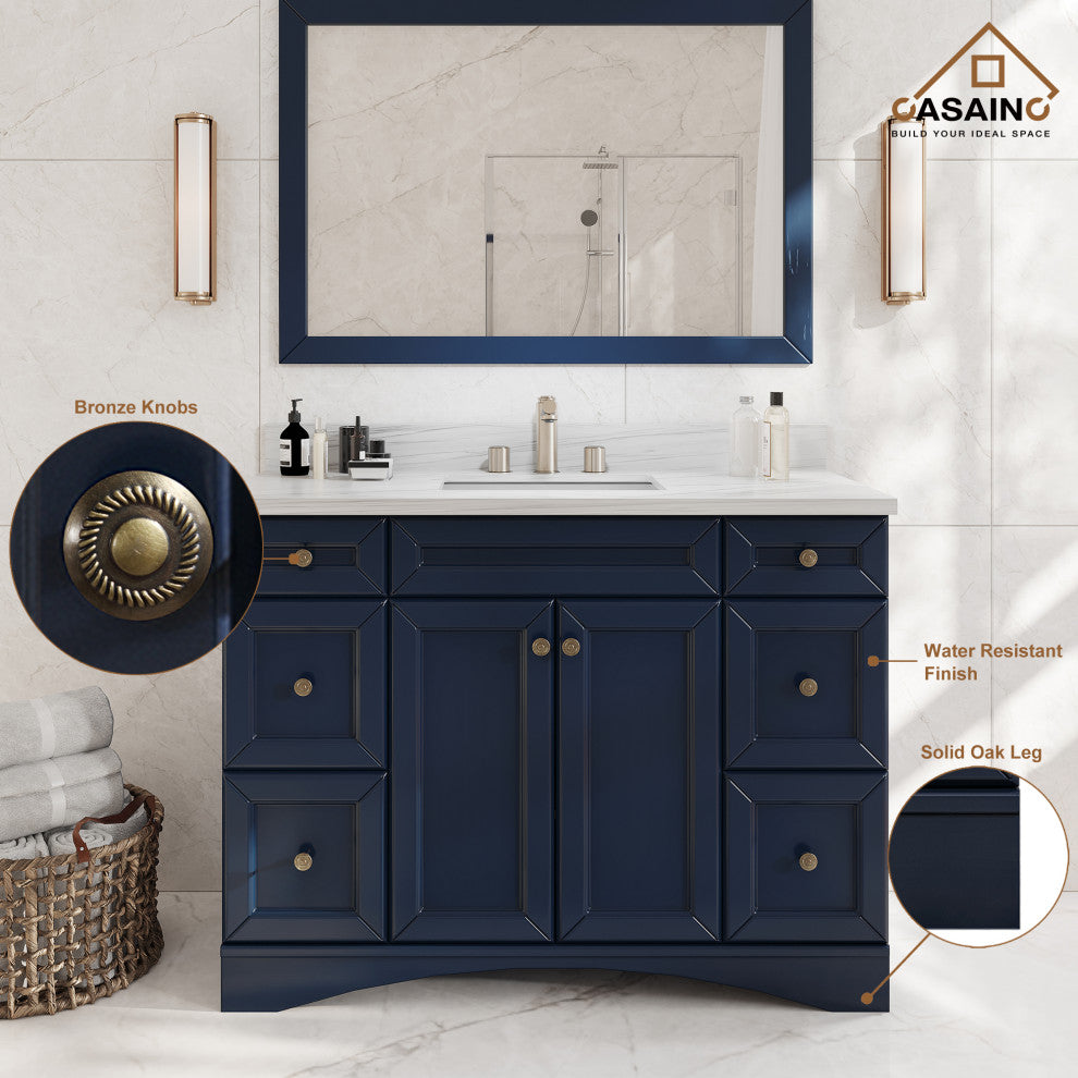 Solid Wood Bath Vanity in Navyblue with White Natural Marble Top and Mirror, 48in