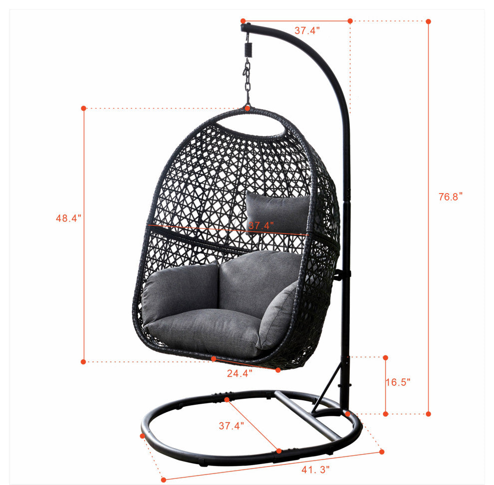 Outdoor Rattan Swing Chair Hanging Egg Chair With Cushion, Red