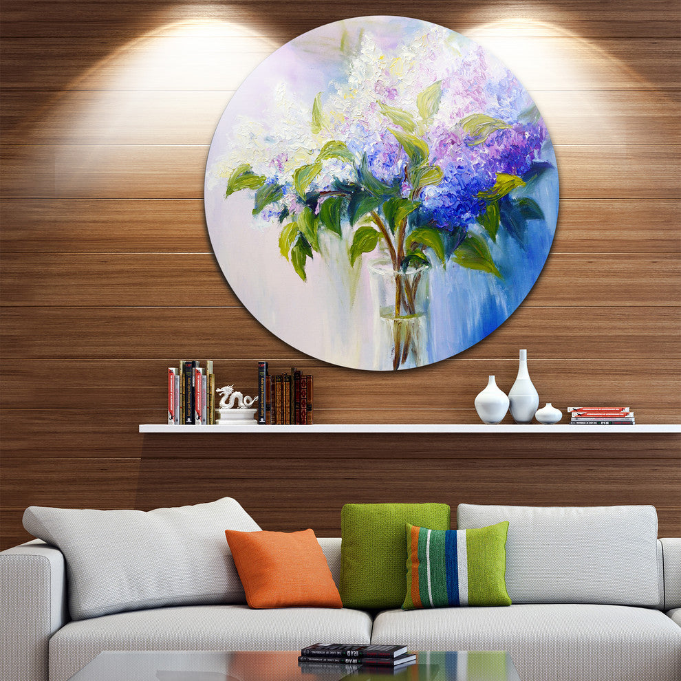 Blue And White Lilacs In Vase, Floral Round Wall Art, 36"