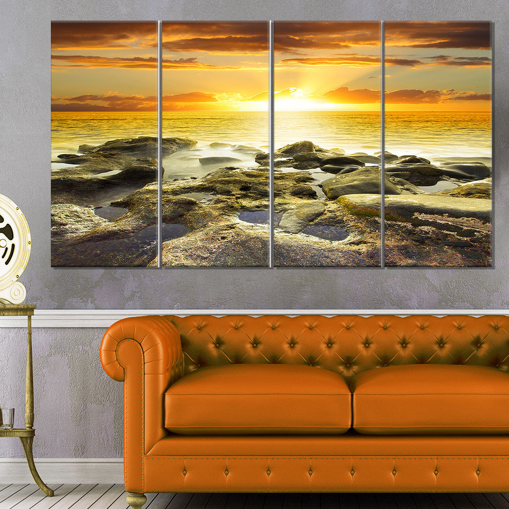 Beautiful Orange Sundown Beach, Seashore Canvas Art Print, 48"x28", 4 Panels