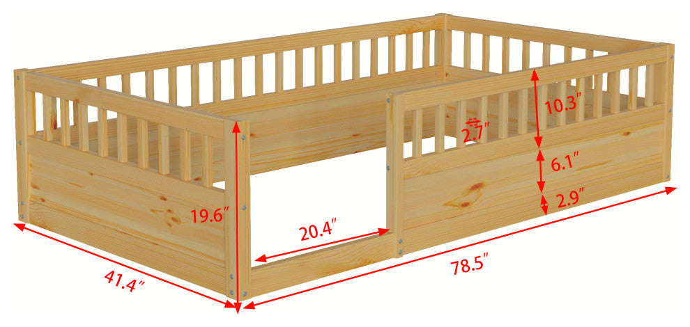 Gewnee Twin Floor Bed Frame with Fence