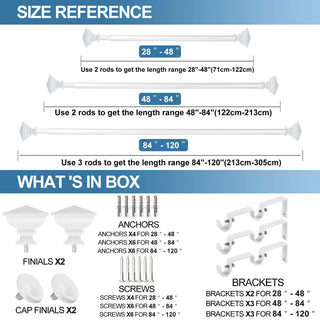 Square Urn Adjustable Double Curtain Rod Set, 5/8", White, 48"-84"