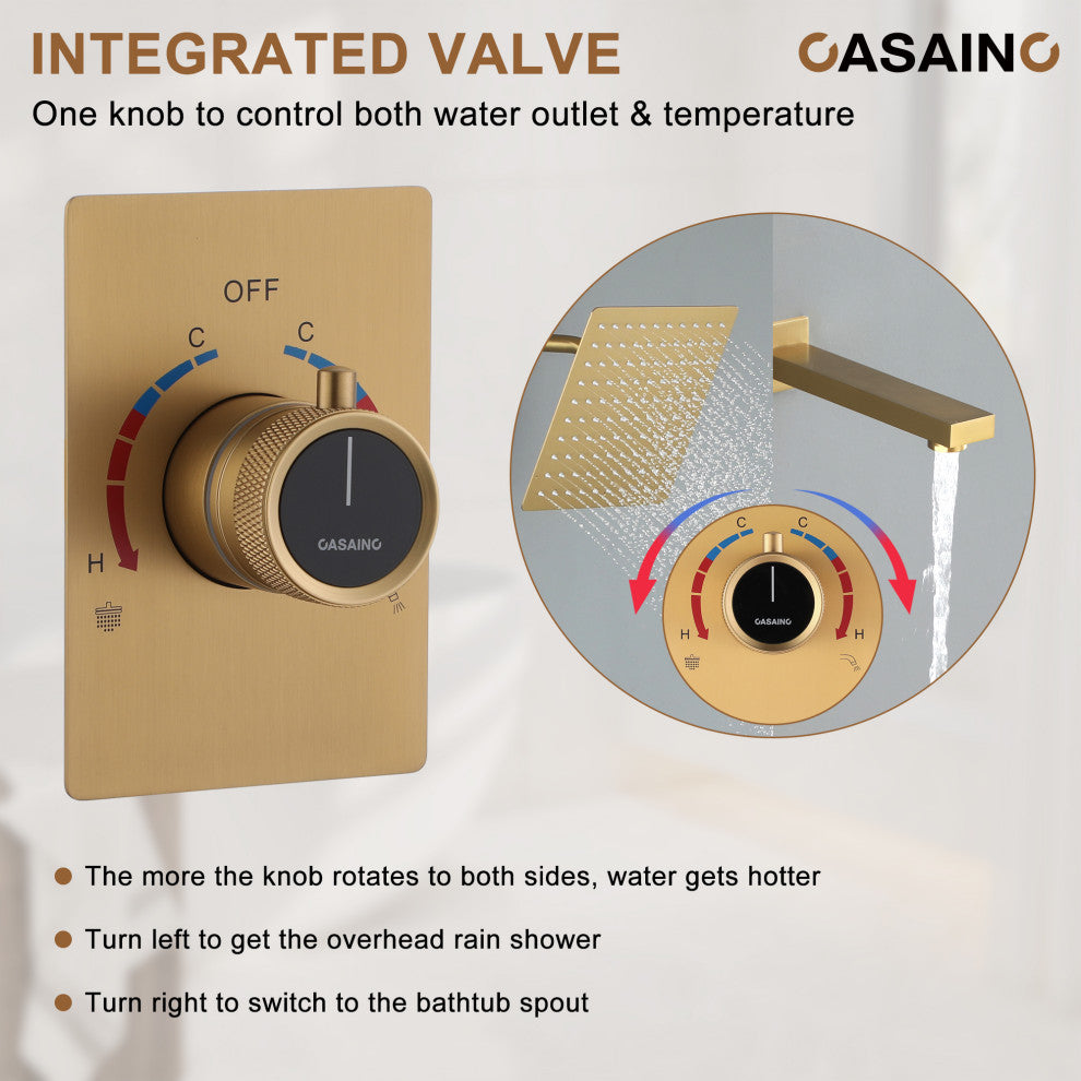 10inch Wall Mount Dual Function Rain Shower System with Tub Spout, Brushed Gold