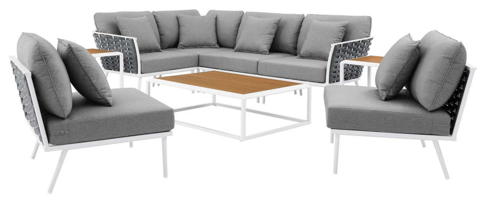 Sectional Sofa Table Set, White Gray, Aluminum, Modern, Outdoor Patio