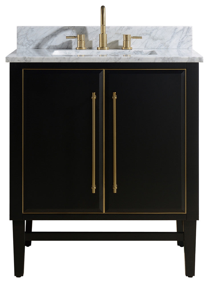 Mason 31" Vanity Combo, Black, Matte Gold Hardware / Natural 1" Carrara White Marble Countertop and Backsplash