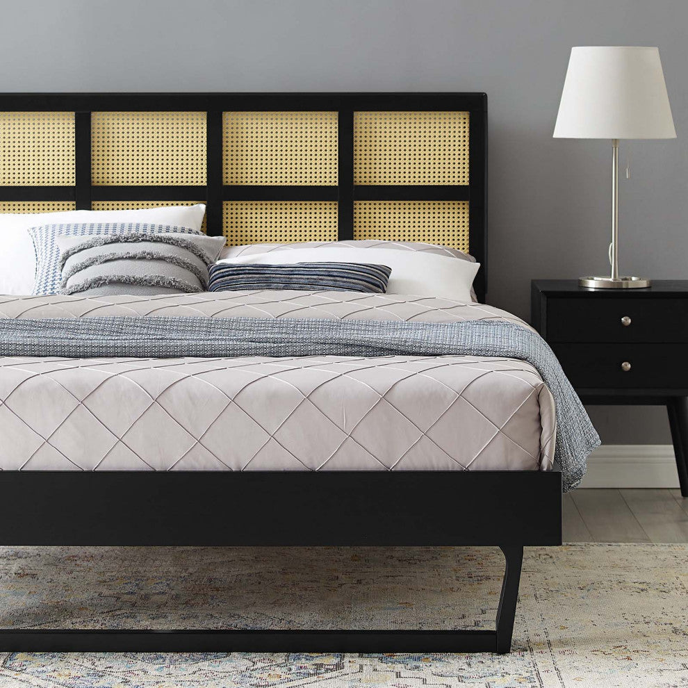Platform Bed Frame, Queen Size, Wood, Black, Modern Mid-Century, Bedroom Master