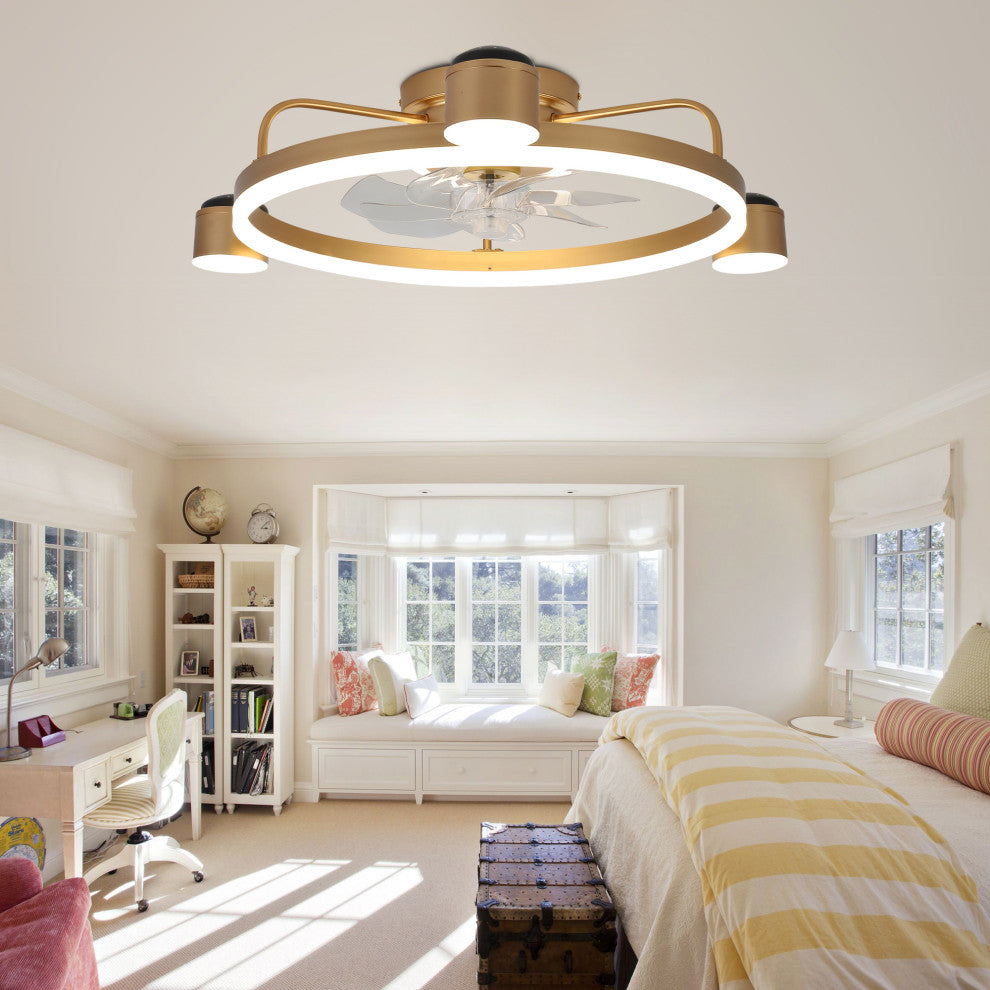 3-Light Flush Mount Ceiling Fan with Dimmable LED Light and Remote APP Control, Gold