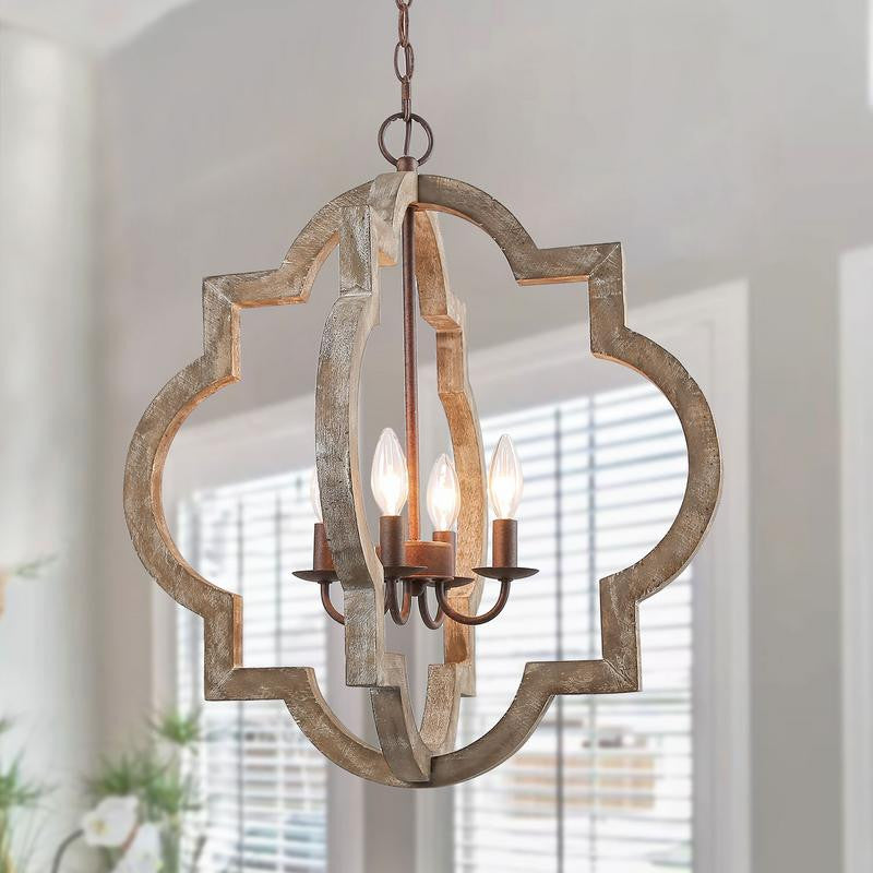 LNC Wood Farmhouse Rustic Lantern Chandeliers, Distressed White, 4 Lights