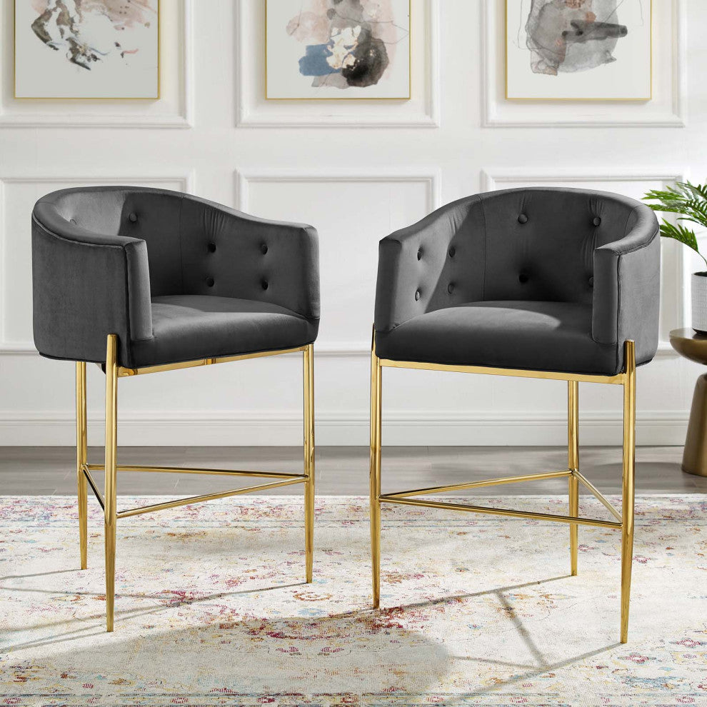 Tufted Bar Stool Chair Barstool, Set of 2, Velvet, Dark Gray, Pub Cafe Bistro