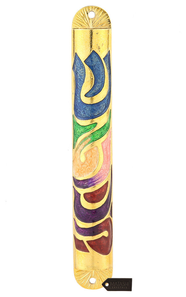 Matashi Gold Hand Painted Multicolor Enamel Mezuzah w Hebrew Shin for Home Door