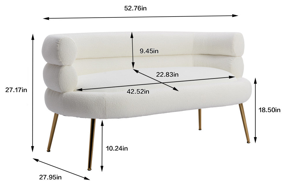 53" Round Arm Settee with Metal Legs, White, 53"