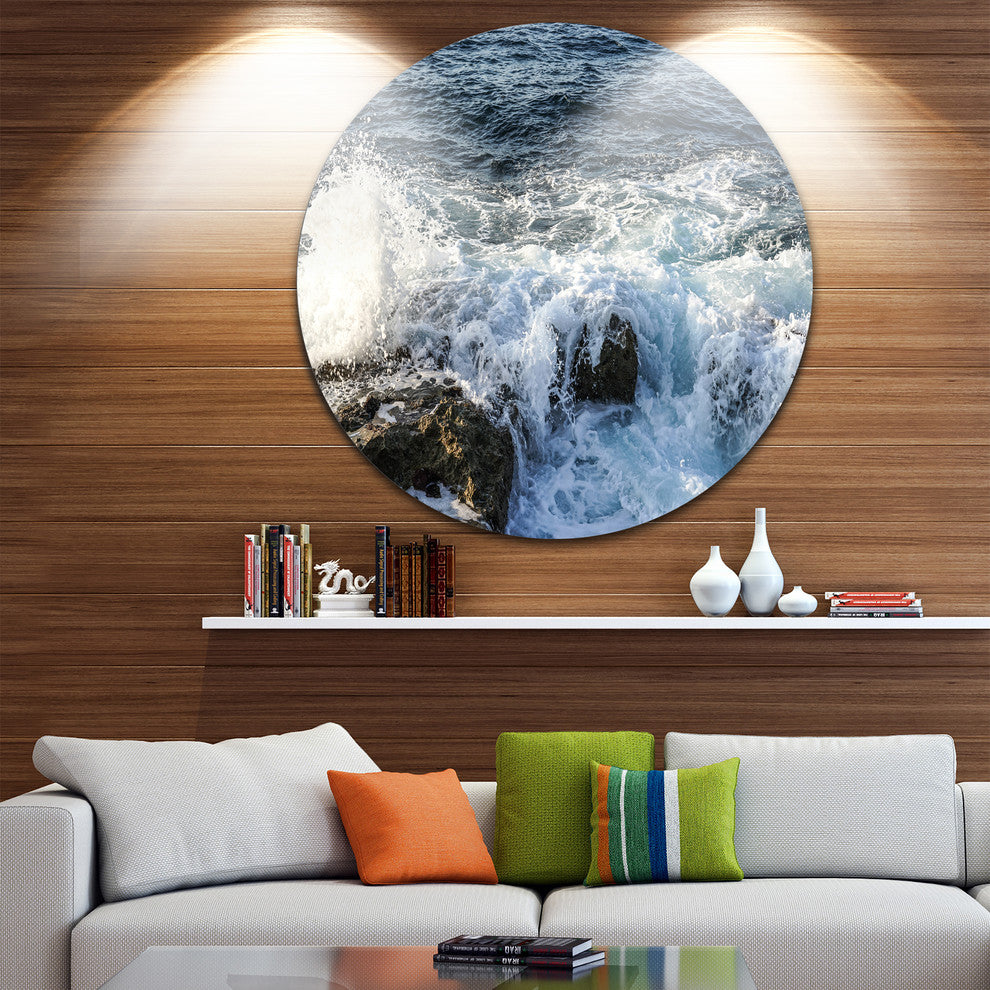 Waves Breaking On Stony Beach, Seascape Round Wall Art, 11"