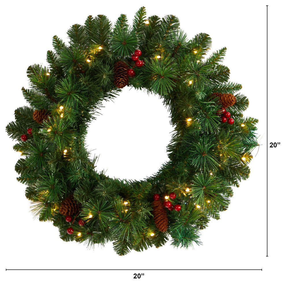 20" Frosted Pine Artificial Christmas Wreath, Pinecones, Berries 35 LED Lights