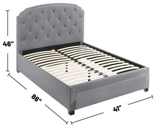 Linen Upholstered Twin Bed With 1 Drawer, Light Gray and Black