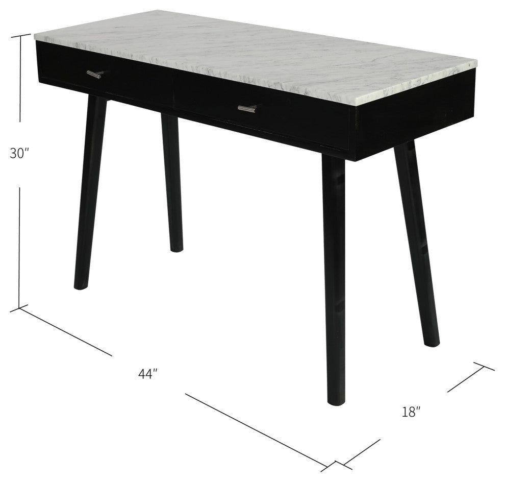 Viola 44" Rectangular Italian Carrara White Marble Writing Desk, Black, 18" Wide