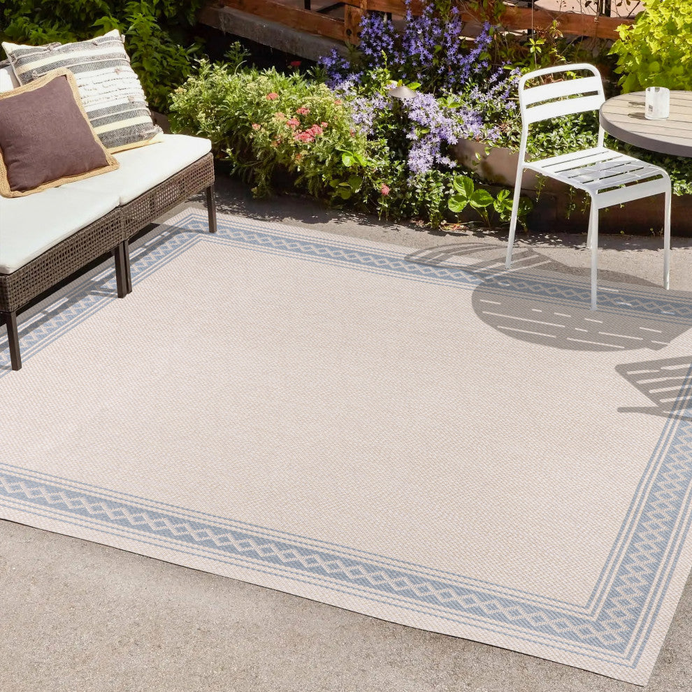 Lucia Classic Diamond Border Indoor/Outdoor Area Rug, Cream/Blue, 8x10