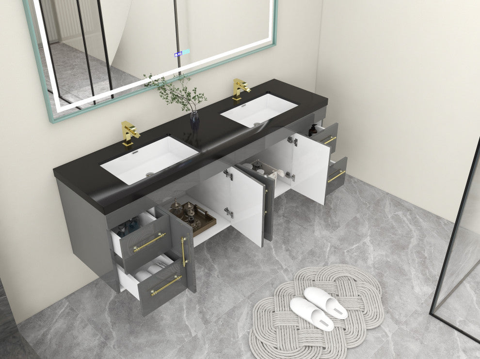 Rosa 72" Wall Mounted Modern Vanity, High Gloss Gray, Matt Black Top