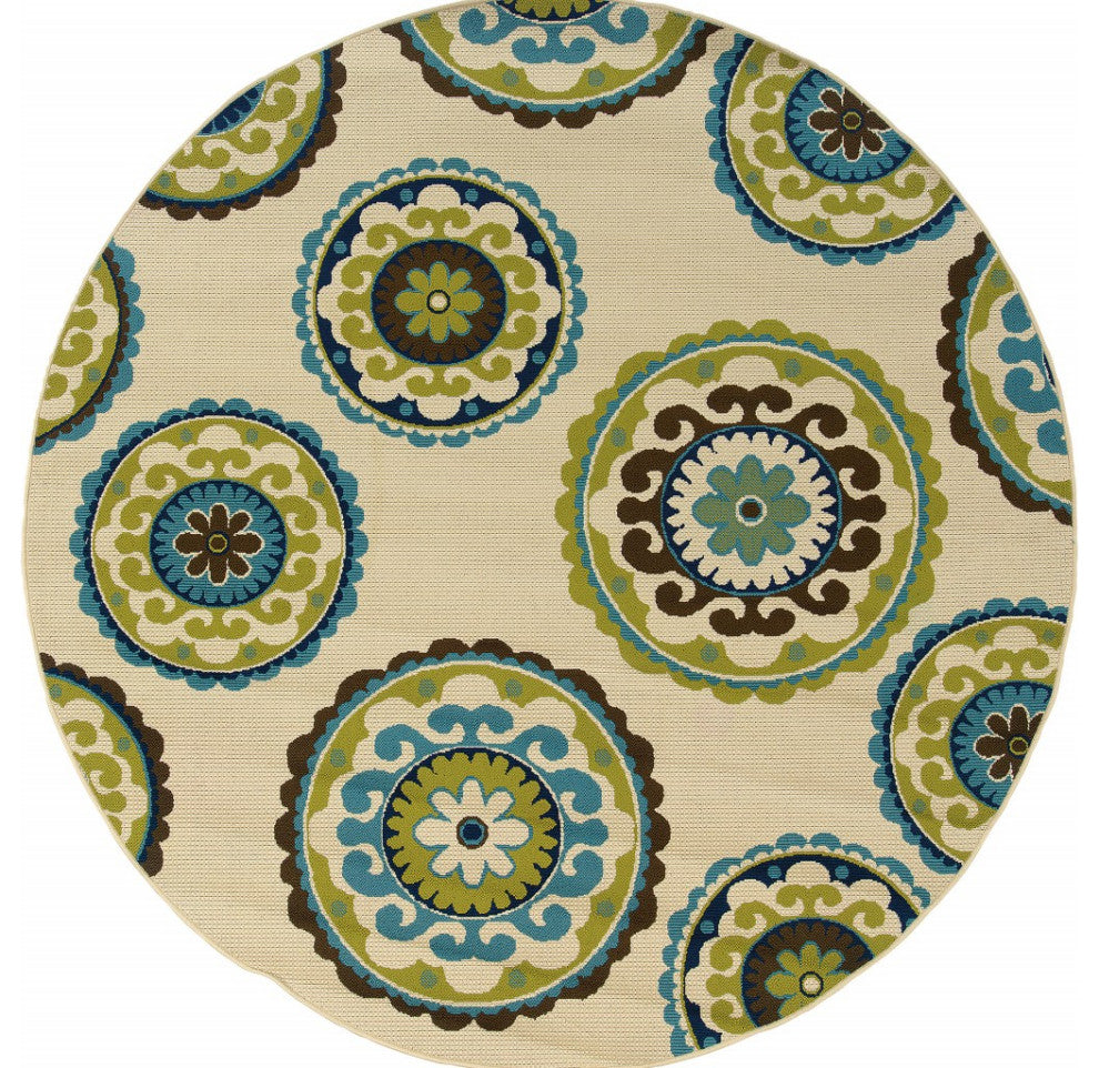 7' Ivory Indigo And Lime Medallion Disc Indoor Outdoor Area Rug