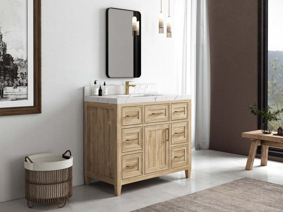 Santa Monica 42 Single Sink Bath Vanity in Whitewashed Teak 1.5" White Quartz
