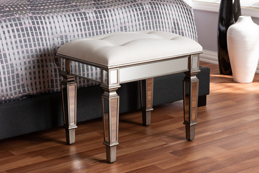 Keswick Off White Fabric Mirrored Ottoman Vanity Bench
